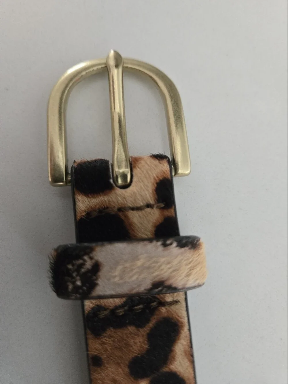 J Crew Leopard Print Calf Hair Belt with Gold Buckle L/XL
